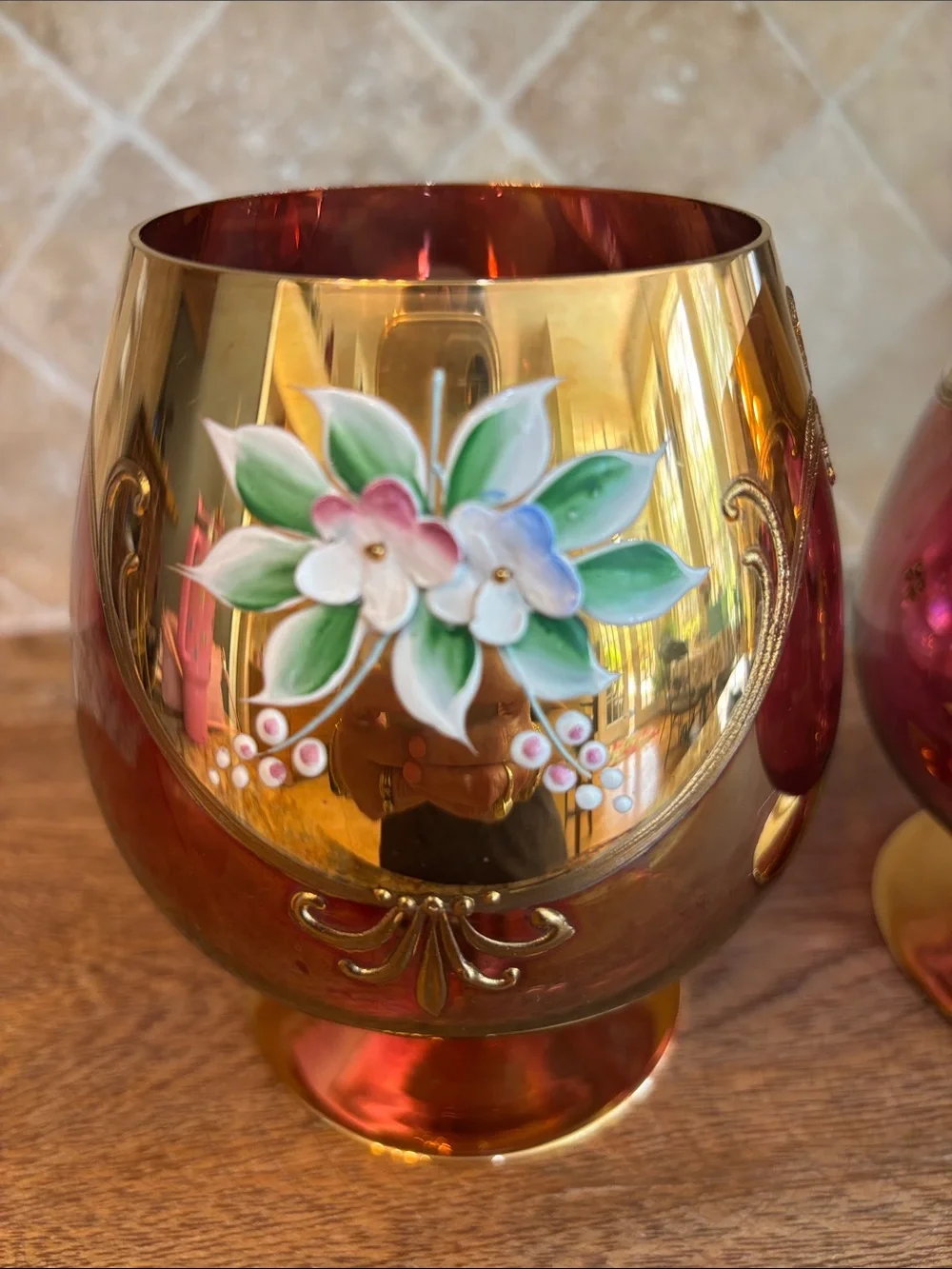 Vintage Bohemian/Czech Hand-Painted Floral Brandy Glasses - Set of 2
